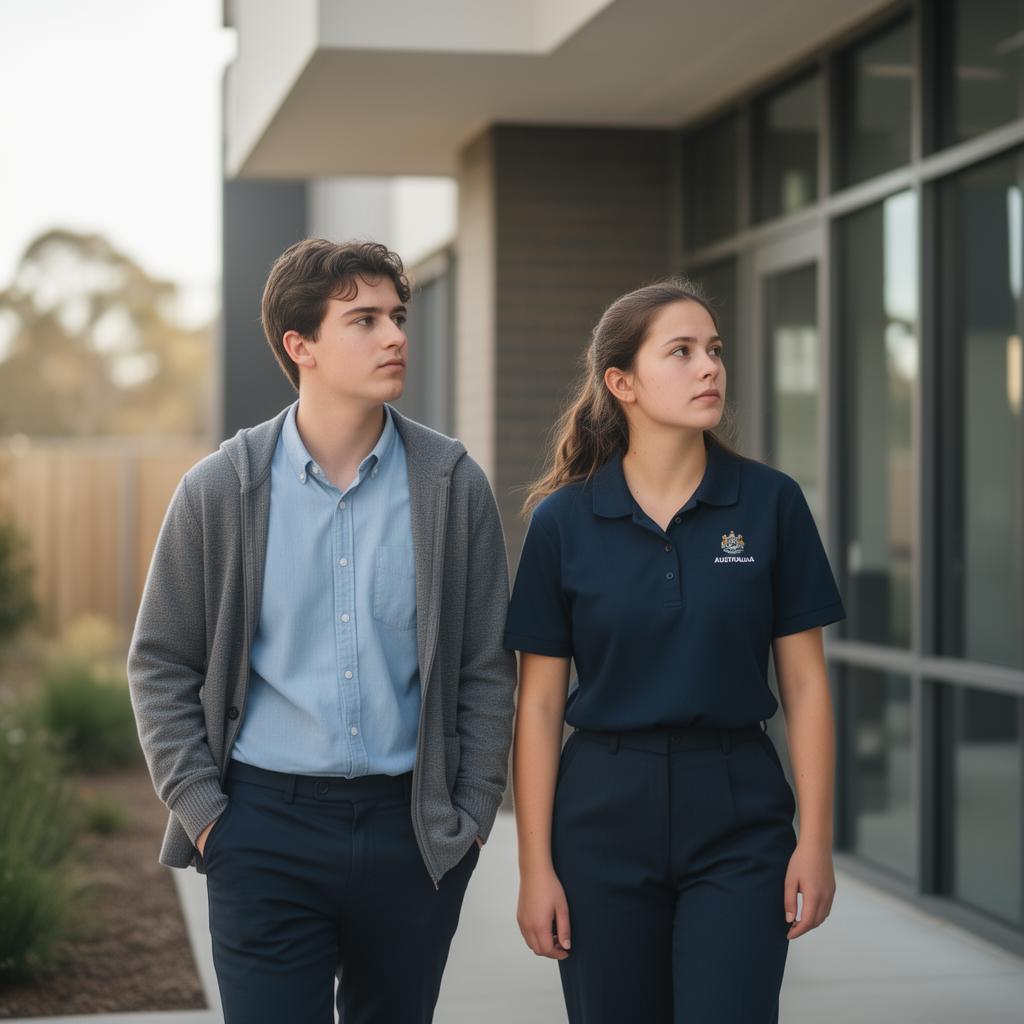 Two Australian support workers standing outside a modern community building, representing a choice between the Ageing and Disability streams within CHC33021