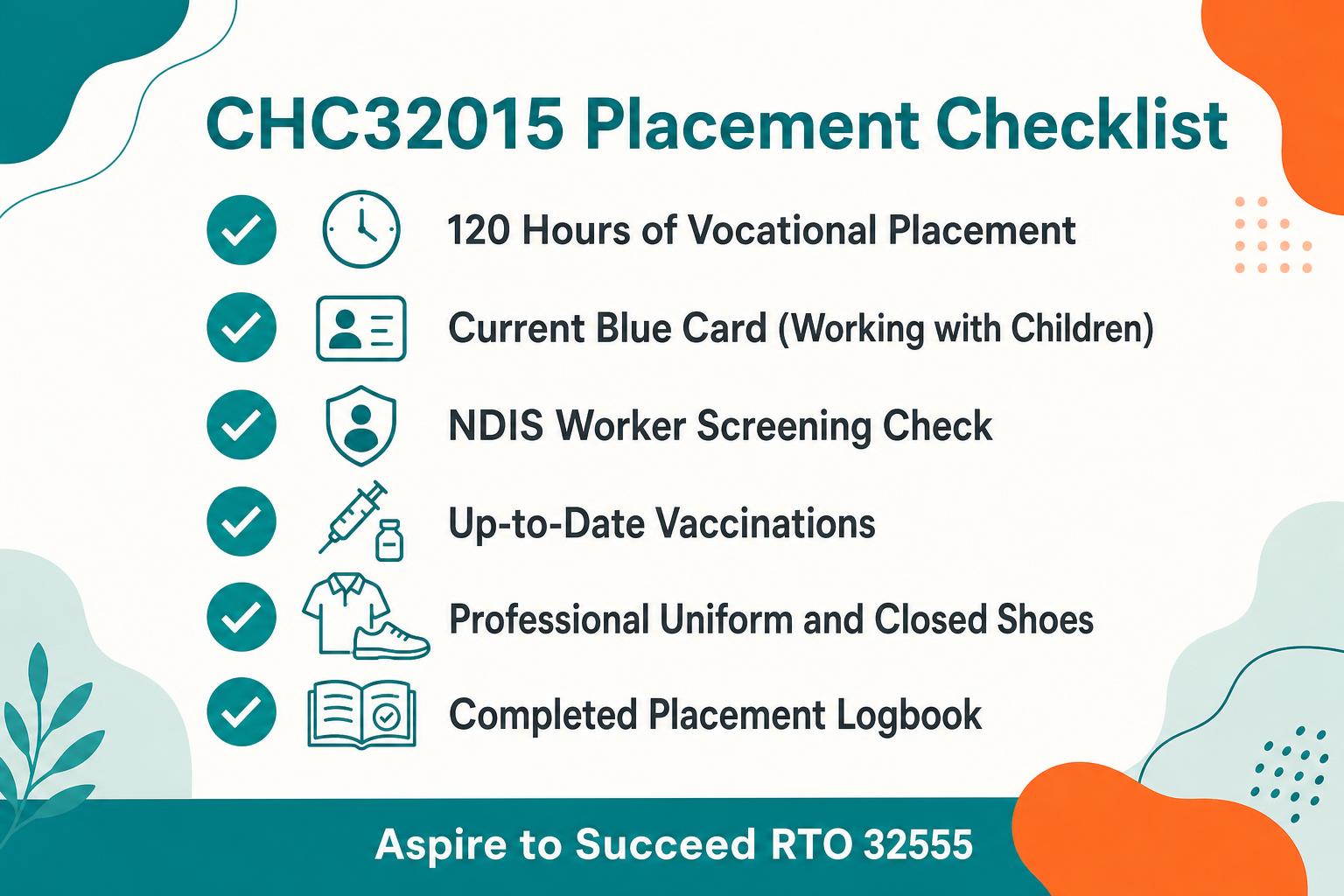 CHC32015 placement checklist infographic listing 120 hours, Blue Card, NDIS Worker Screening, vaccinations, uniform and logbook requirements