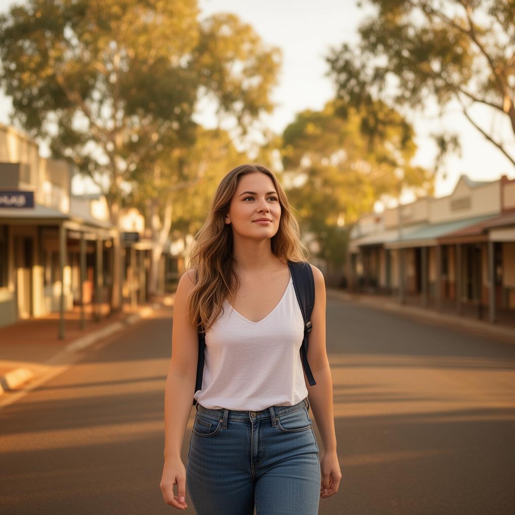 Confident young Australian student walking through a sunlit Kingaroy main street, representing prospective CHC33021 students in the South Burnett region