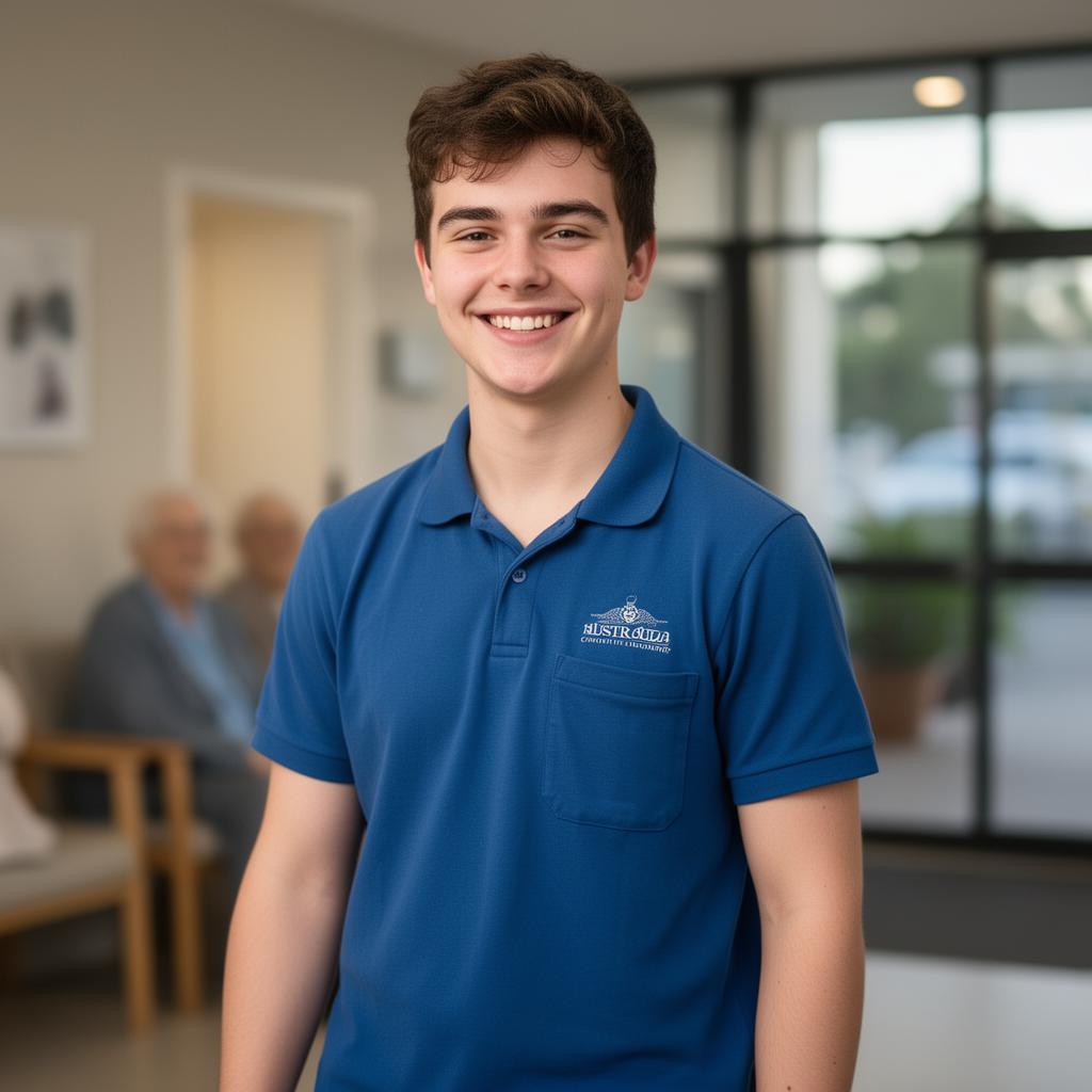Young Australian trainee in casual uniform arriving for a shift at a Queensland aged care or community facility, representing CHC33021 traineeships in QLD