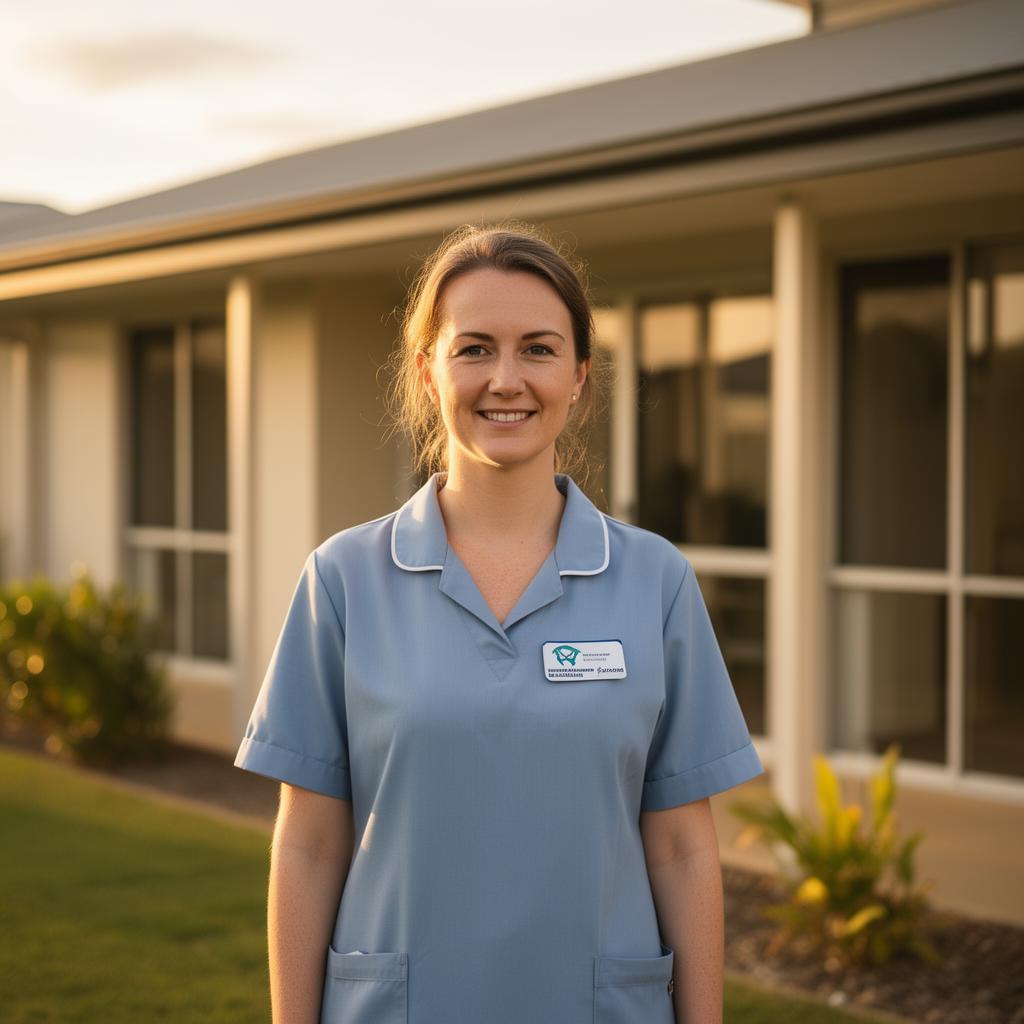 Confident Australian support worker in soft uniform standing outside a modern aged care or community facility in Queensland
