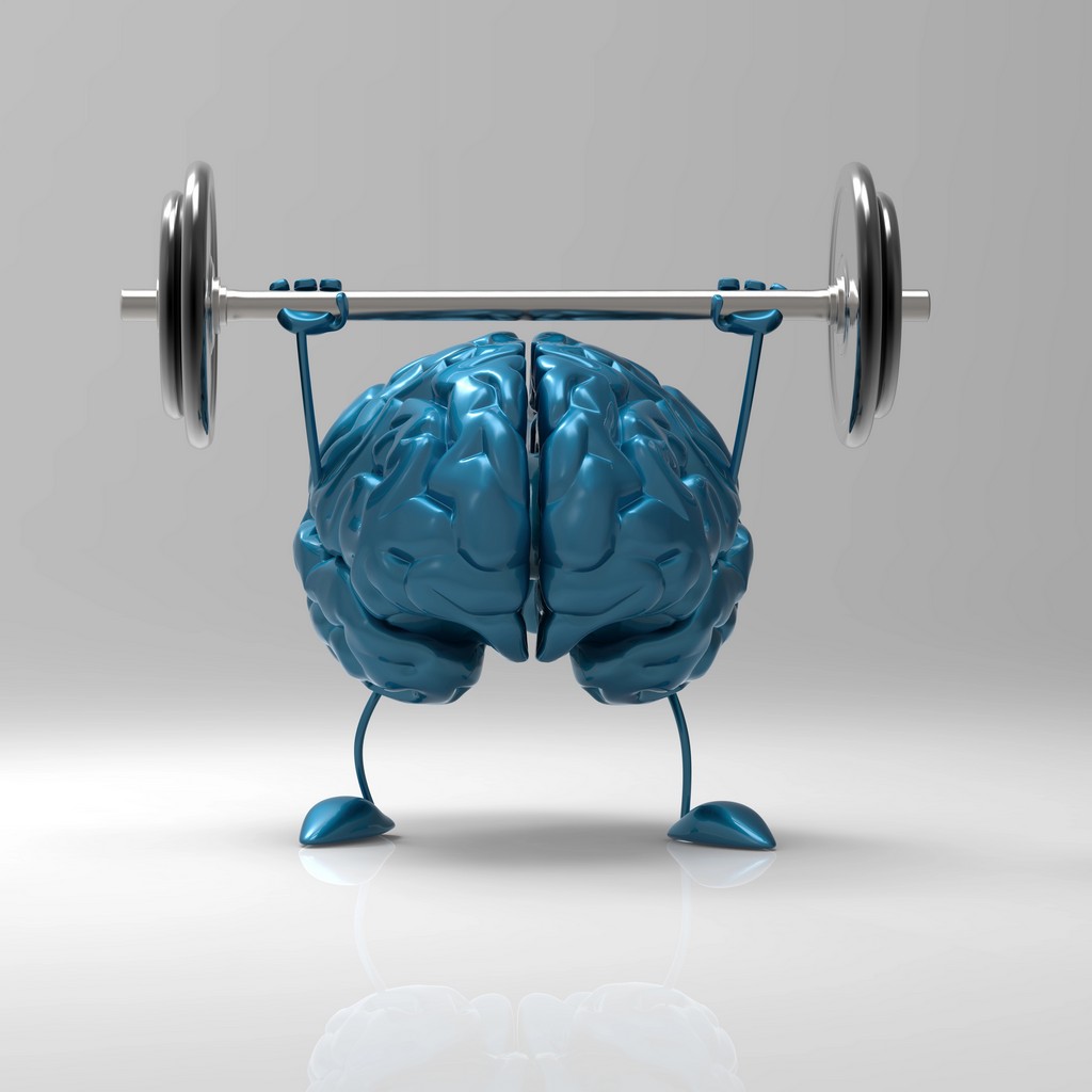 3D illustration of a brain lifting weights representing mental health resilience and strength building