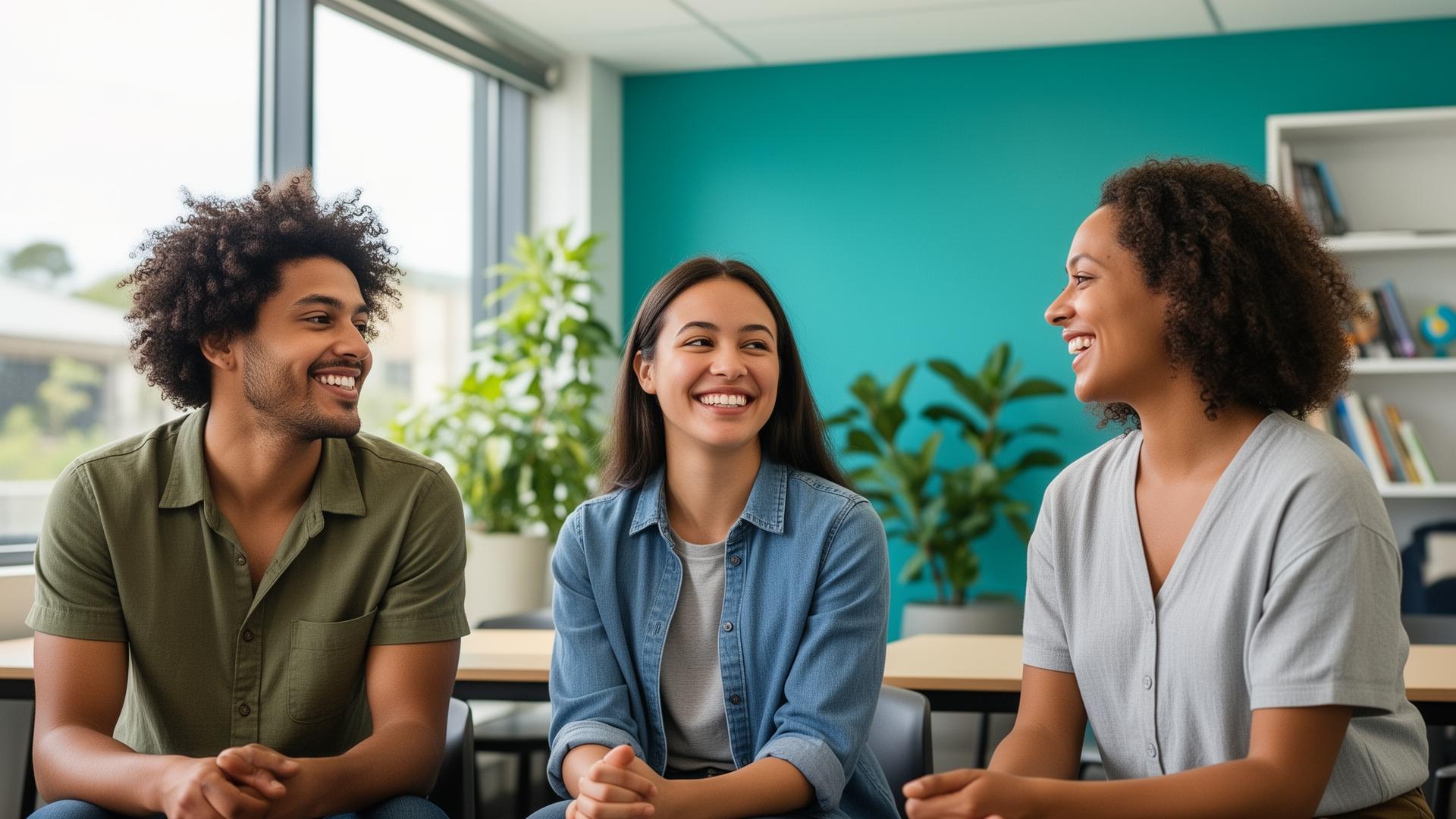 Diverse group of young adult students smiling together in a bright modern community services classroom, representing prospective CHC32015 students in Queensland