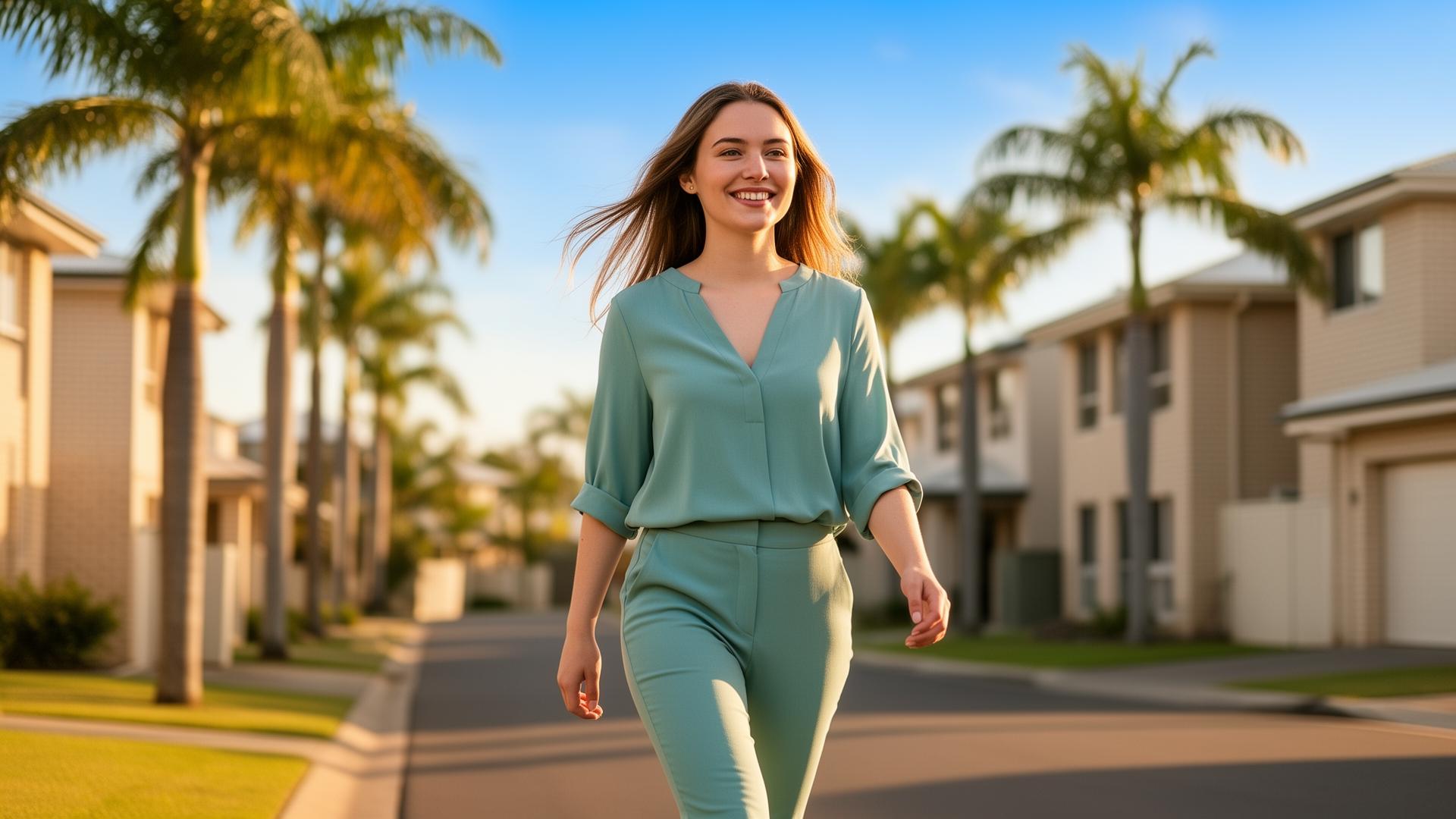 Optimistic young Australian woman walking confidently through a sunlit Queensland suburban street, representing prospective CHC33021 students in Caboolture and Moreton Bay