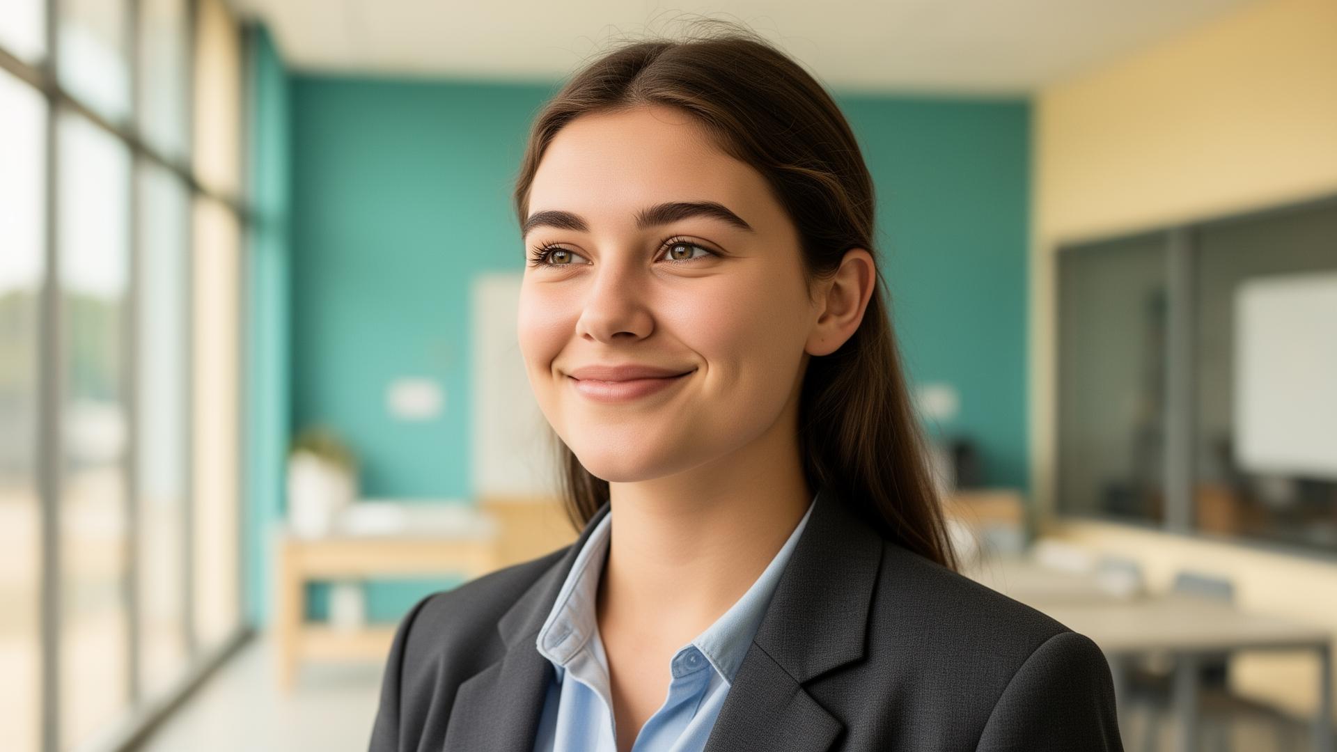 Confident young Australian woman smiling in a bright modern training centre, representing prospective students considering CHC33021 with Skills Assure funding