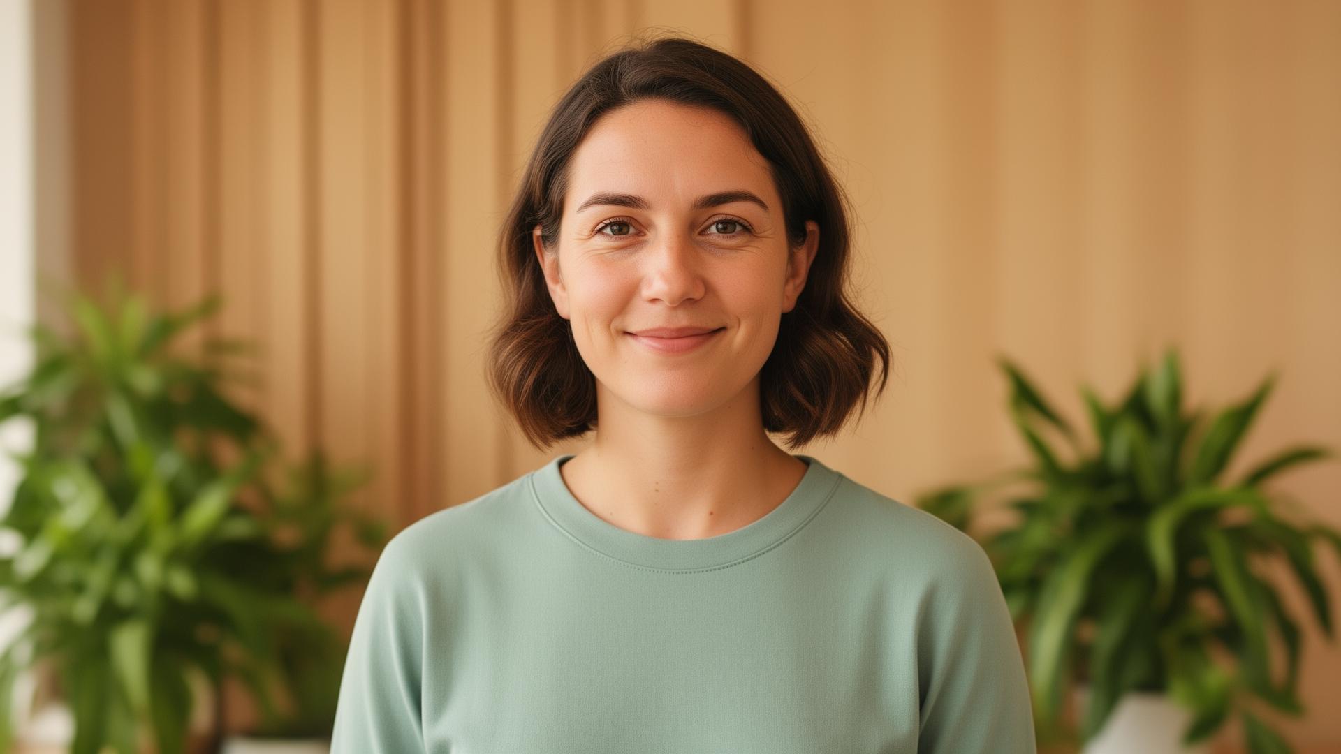 Warm, approachable young adult portrait in a calm pastel community space, representing prospective CHC43315 mental health students in Queensland