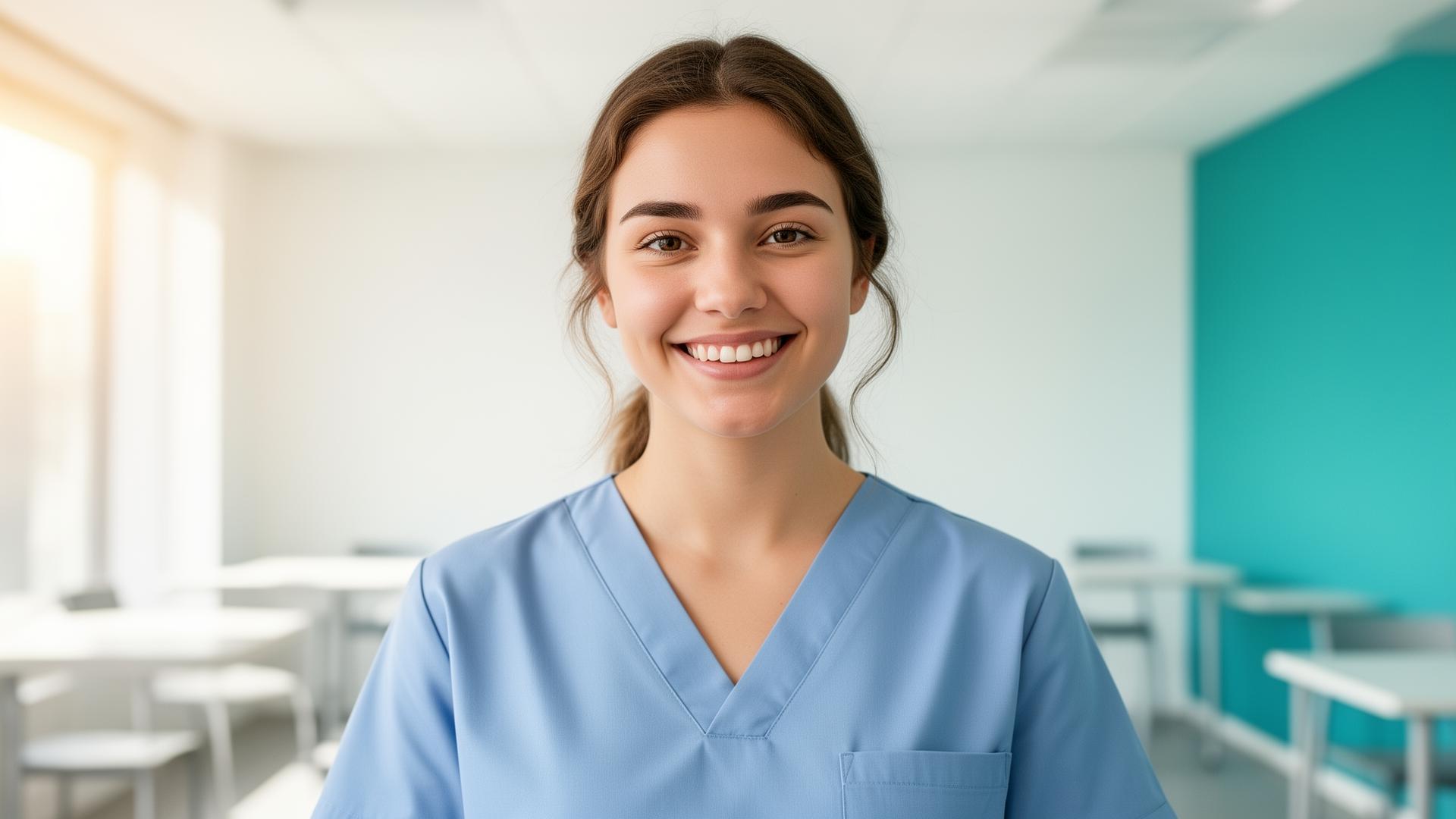 Friendly young Australian student in light-blue care worker top smiling in a bright modern Caboolture training space, representing prospective CHCSS00070 students