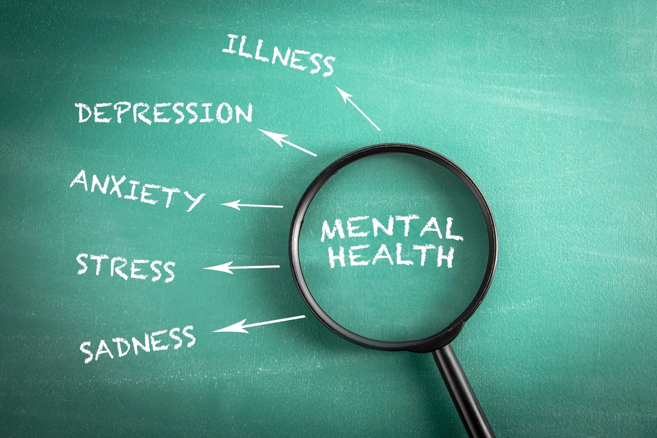 Magnifying glass highlighting the words mental health on a chalkboard with related terms like anxiety, depression, and stress